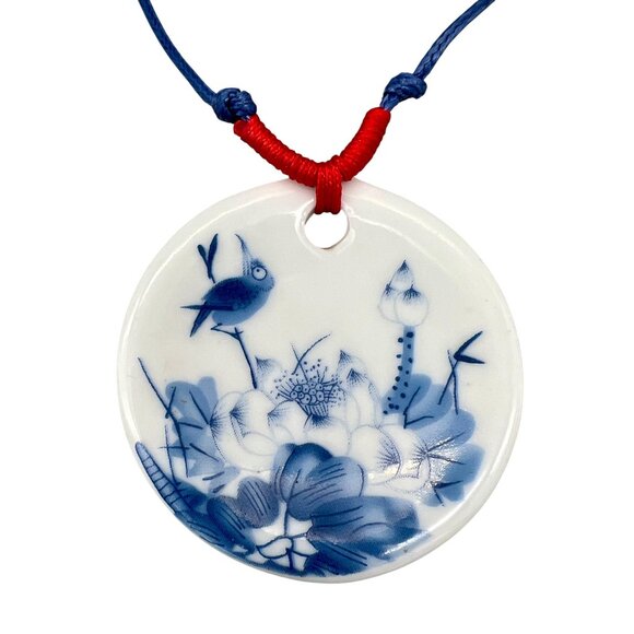 Jewelry - Blue & White Ceramic Round Pendant Necklace Floral Bird Design Adjustable Cord